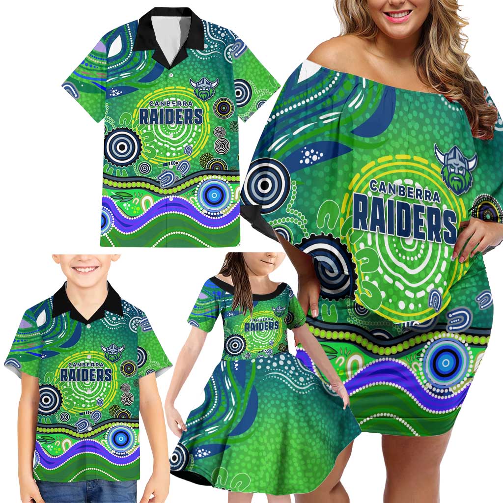 Canberra Raiders Rugby Family Matching Off Shoulder Short Dress and Hawaiian Shirt Australian Aboriginal Dot Painting Style