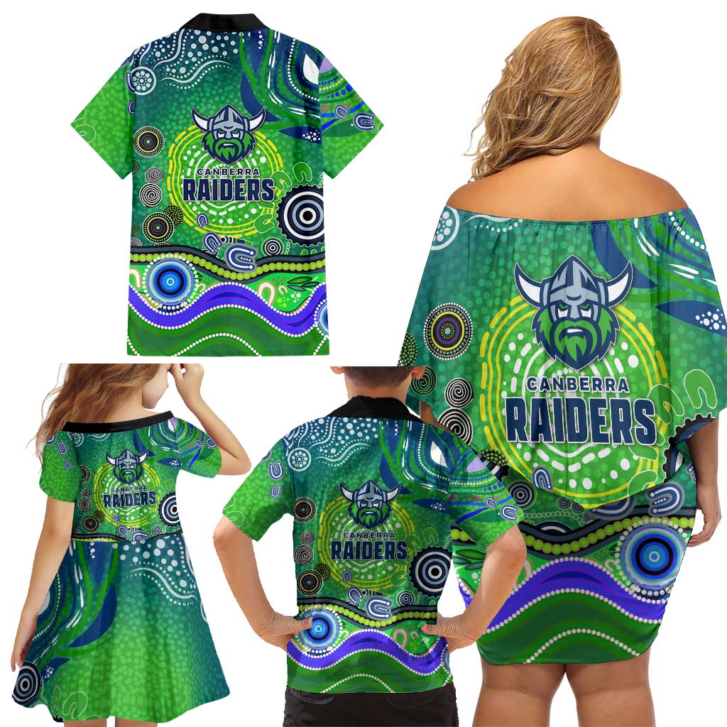Canberra Raiders Rugby Family Matching Off Shoulder Short Dress and Hawaiian Shirt Australian Aboriginal Dot Painting Style
