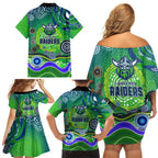 Canberra Raiders Rugby Family Matching Off Shoulder Short Dress and Hawaiian Shirt Australian Aboriginal Dot Painting Style