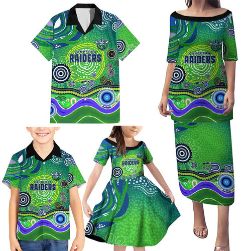 Canberra Raiders Rugby Family Matching Puletasi and Hawaiian Shirt Australian Aboriginal Dot Painting Style