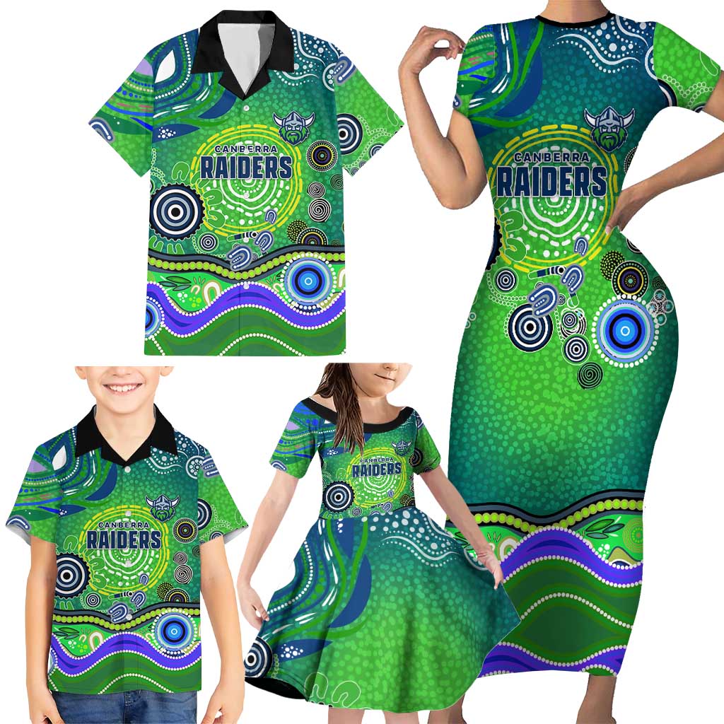 Canberra Raiders Rugby Family Matching Short Sleeve Bodycon Dress and Hawaiian Shirt Australian Aboriginal Dot Painting Style