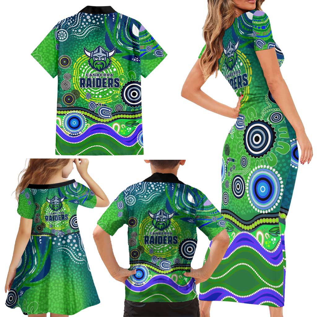 Canberra Raiders Rugby Family Matching Short Sleeve Bodycon Dress and Hawaiian Shirt Australian Aboriginal Dot Painting Style