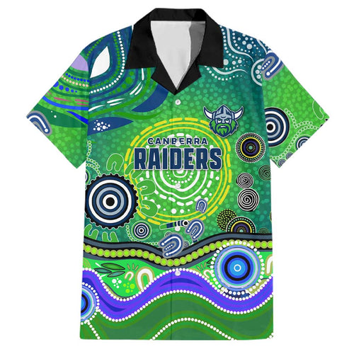 Canberra Raiders Rugby Family Matching Short Sleeve Bodycon Dress and Hawaiian Shirt Australian Aboriginal Dot Painting Style