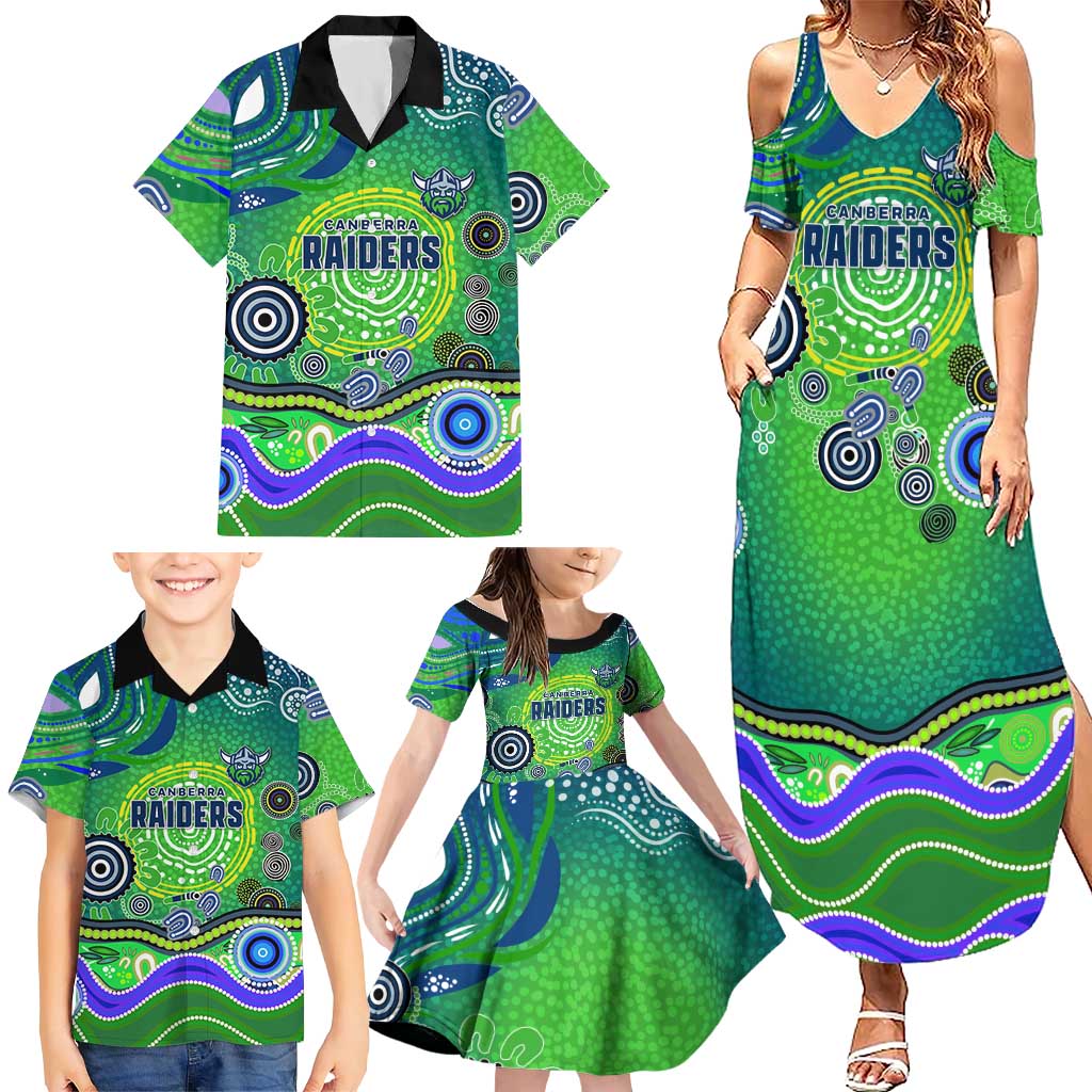 Canberra Raiders Rugby Family Matching Summer Maxi Dress and Hawaiian Shirt Australian Aboriginal Dot Painting Style