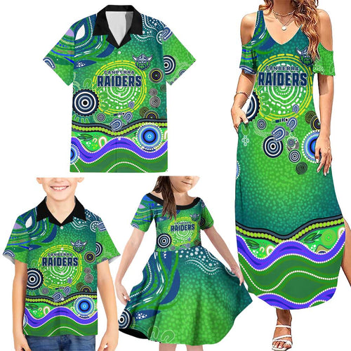 Canberra Raiders Rugby Family Matching Summer Maxi Dress and Hawaiian Shirt Australian Aboriginal Dot Painting Style