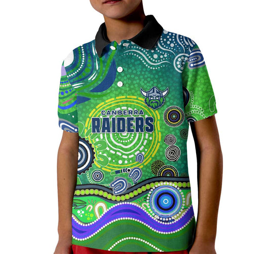 Canberra Raiders Rugby Kid Polo Shirt Australian Aboriginal Dot Painting Style