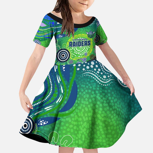 Canberra Raiders Rugby Kid Short Sleeve Dress Australian Aboriginal Dot Painting Style