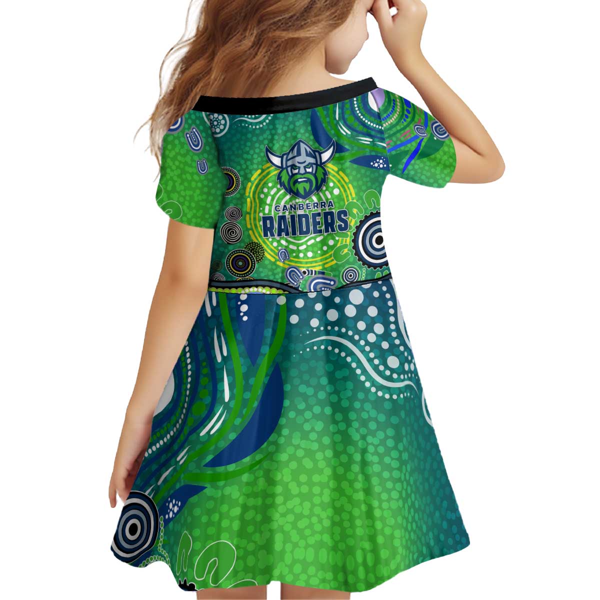 Canberra Raiders Rugby Kid Short Sleeve Dress Australian Aboriginal Dot Painting Style