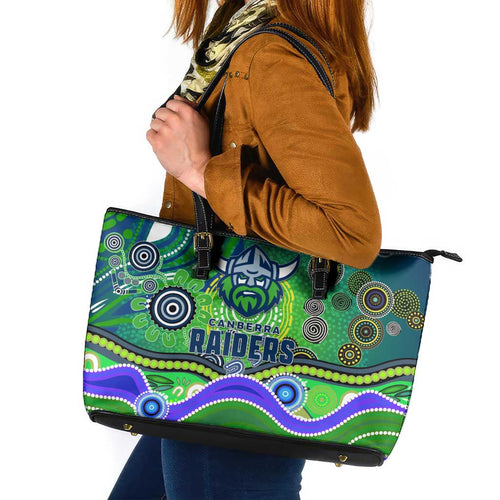 Canberra Raiders Rugby Leather Tote Bag Australian Aboriginal Dot Painting Style