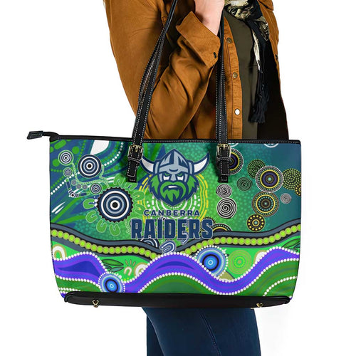 Canberra Raiders Rugby Leather Tote Bag Australian Aboriginal Dot Painting Style