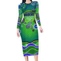 Canberra Raiders Rugby Long Sleeve Bodycon Dress Australian Aboriginal Dot Painting Style