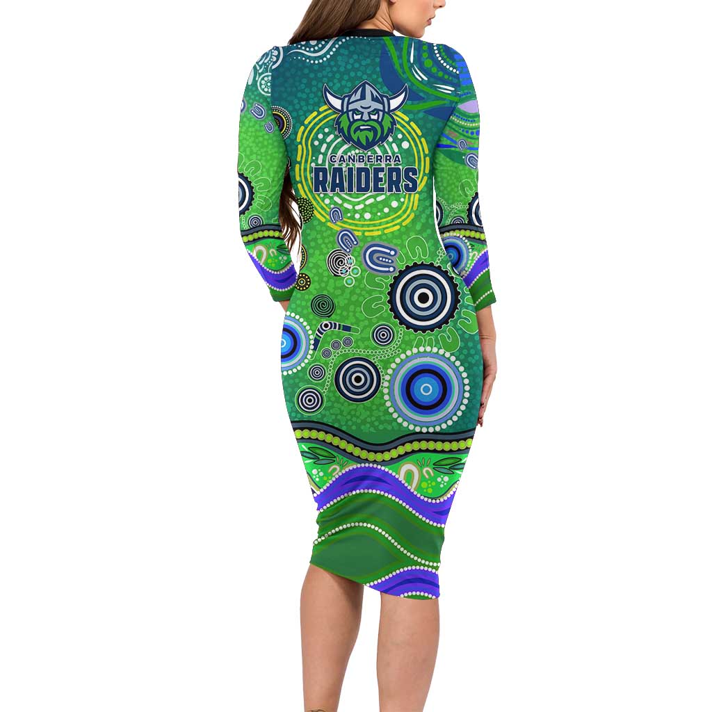 Canberra Raiders Rugby Long Sleeve Bodycon Dress Australian Aboriginal Dot Painting Style