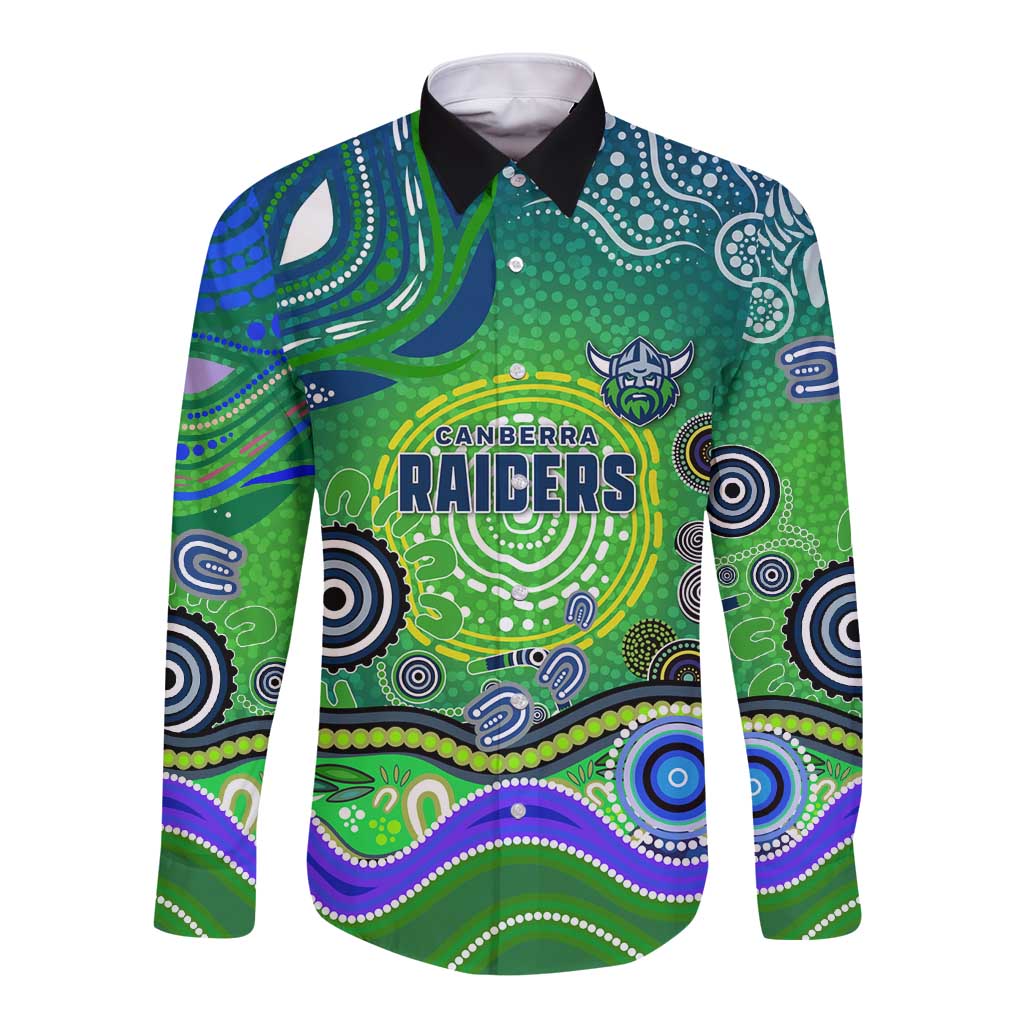 Canberra Raiders Rugby Long Sleeve Button Shirt Australian Aboriginal Dot Painting Style