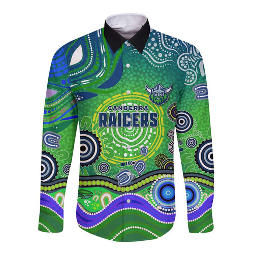 Canberra Raiders Rugby Long Sleeve Button Shirt Australian Aboriginal Dot Painting Style