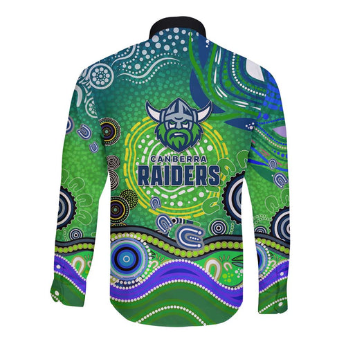 Canberra Raiders Rugby Long Sleeve Button Shirt Australian Aboriginal Dot Painting Style
