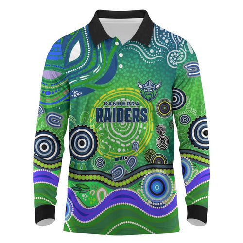 Canberra Raiders Rugby Long Sleeve Polo Shirt Australian Aboriginal Dot Painting Style