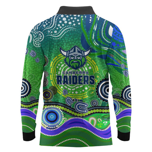 Canberra Raiders Rugby Long Sleeve Polo Shirt Australian Aboriginal Dot Painting Style