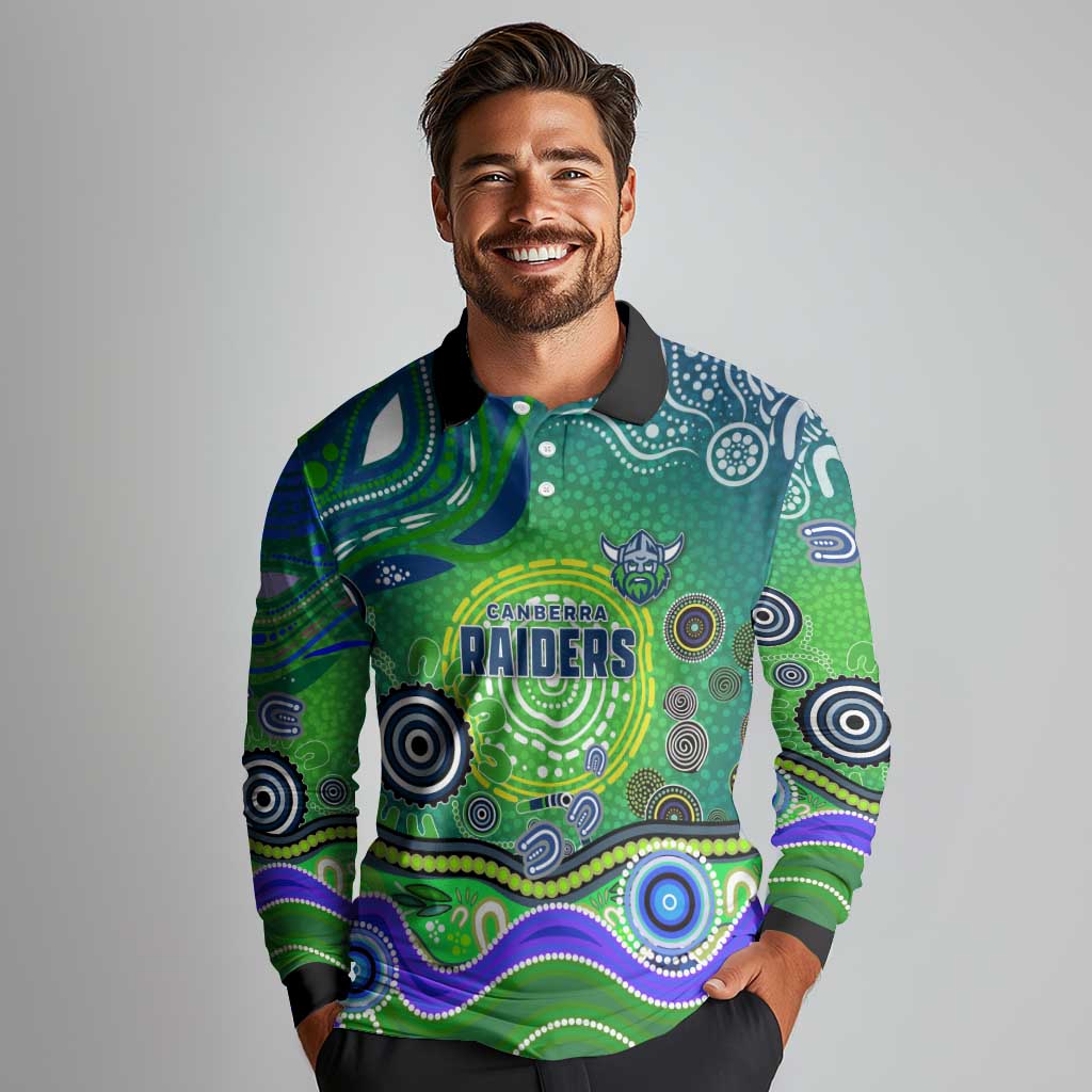 Canberra Raiders Rugby Long Sleeve Polo Shirt Australian Aboriginal Dot Painting Style