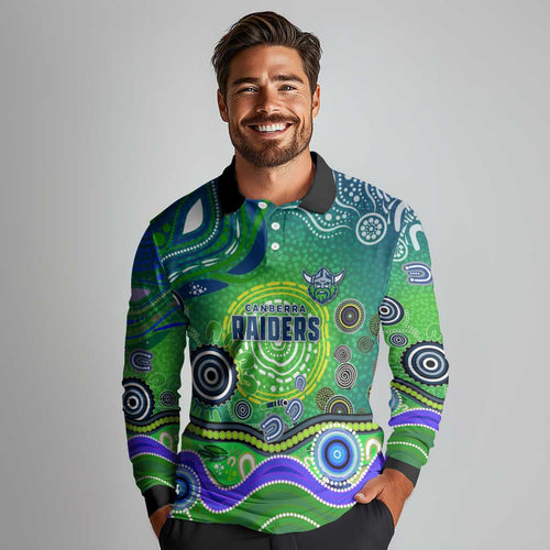 Canberra Raiders Rugby Long Sleeve Polo Shirt Australian Aboriginal Dot Painting Style