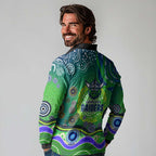 Canberra Raiders Rugby Long Sleeve Polo Shirt Australian Aboriginal Dot Painting Style