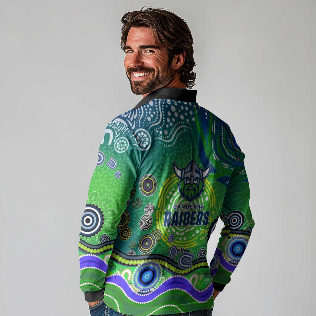 Canberra Raiders Rugby Long Sleeve Polo Shirt Australian Aboriginal Dot Painting Style