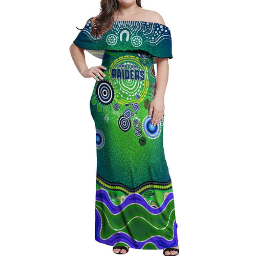 Canberra Raiders Rugby Off Shoulder Maxi Dress Australian Aboriginal Dot Painting Style