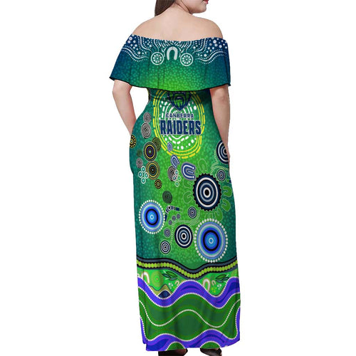 Canberra Raiders Rugby Off Shoulder Maxi Dress Australian Aboriginal Dot Painting Style