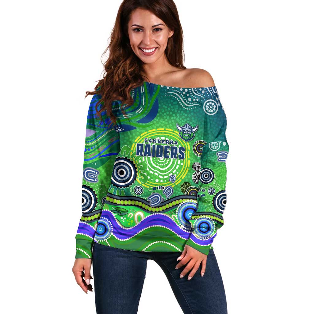 Canberra Raiders Rugby Off Shoulder Sweater Australian Aboriginal Dot Painting Style