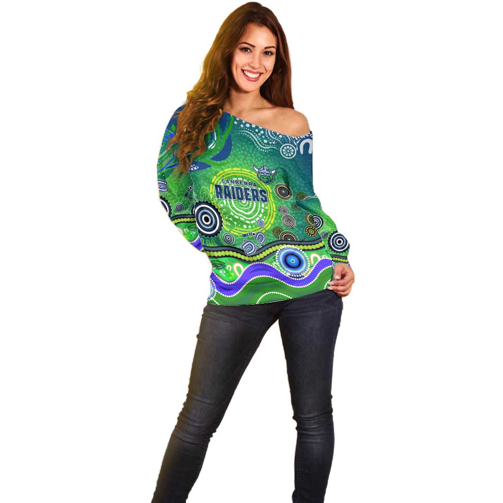 Canberra Raiders Rugby Off Shoulder Sweater Australian Aboriginal Dot Painting Style