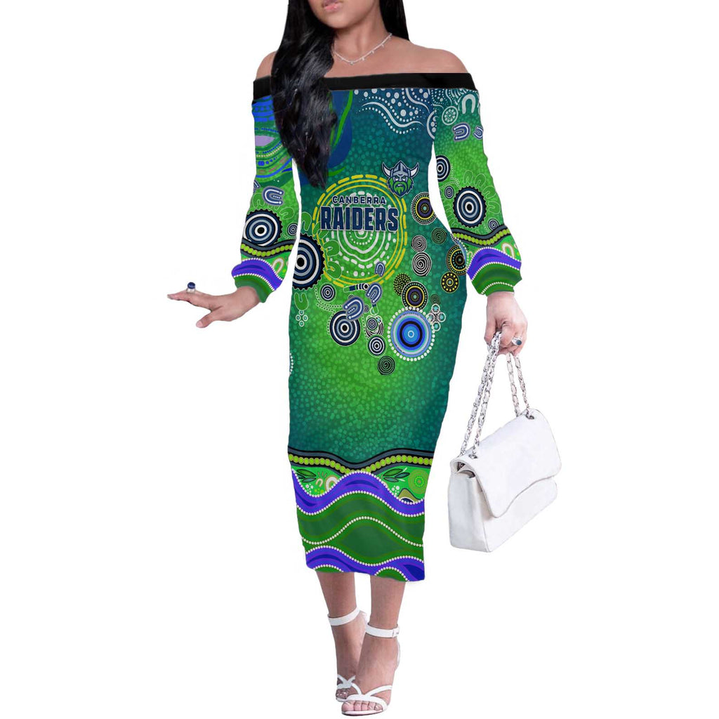 Canberra Raiders Rugby Off The Shoulder Long Sleeve Dress Australian Aboriginal Dot Painting Style