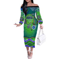Canberra Raiders Rugby Off The Shoulder Long Sleeve Dress Australian Aboriginal Dot Painting Style