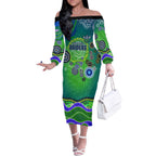 Canberra Raiders Rugby Off The Shoulder Long Sleeve Dress Australian Aboriginal Dot Painting Style