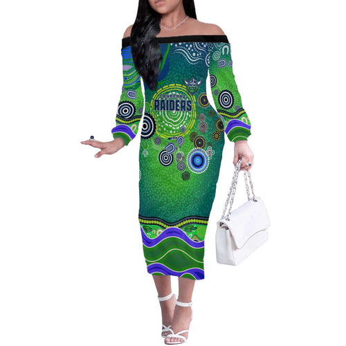 Canberra Raiders Rugby Off The Shoulder Long Sleeve Dress Australian Aboriginal Dot Painting Style