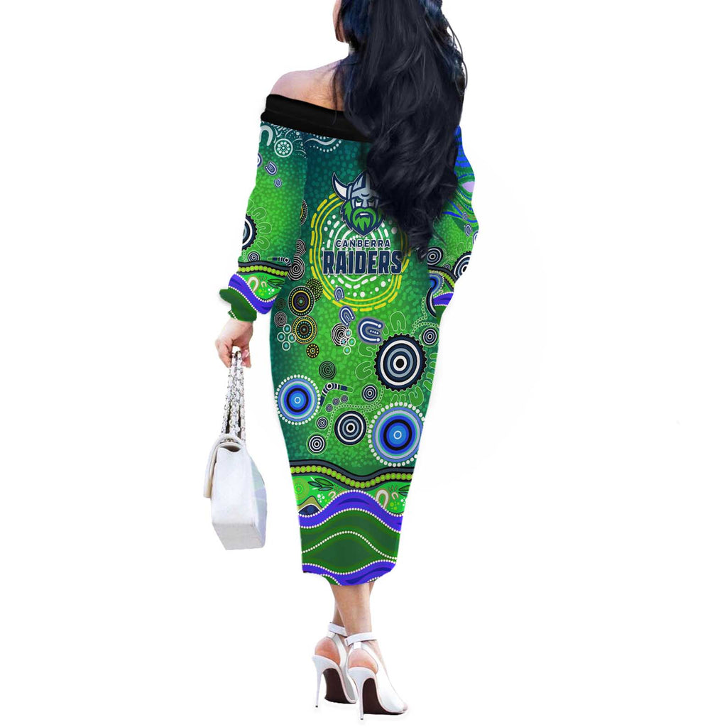 Canberra Raiders Rugby Off The Shoulder Long Sleeve Dress Australian Aboriginal Dot Painting Style
