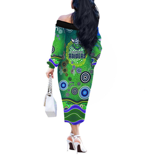 Canberra Raiders Rugby Off The Shoulder Long Sleeve Dress Australian Aboriginal Dot Painting Style