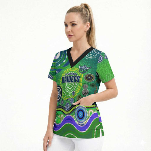 Canberra Raiders Rugby Scrub Top Australian Aboriginal Dot Painting Style