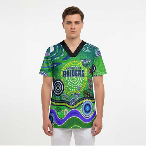 Canberra Raiders Rugby Scrub Top Australian Aboriginal Dot Painting Style