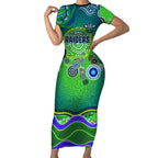 Canberra Raiders Rugby Short Sleeve Bodycon Dress Australian Aboriginal Dot Painting Style