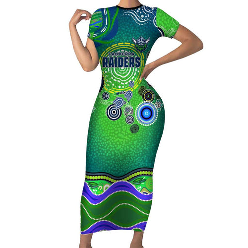 Canberra Raiders Rugby Short Sleeve Bodycon Dress Australian Aboriginal Dot Painting Style