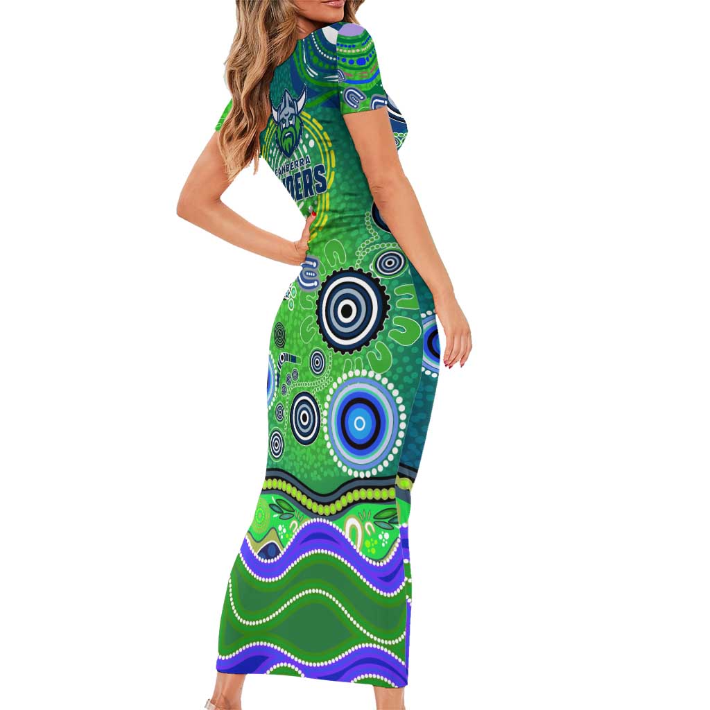 Canberra Raiders Rugby Short Sleeve Bodycon Dress Australian Aboriginal Dot Painting Style