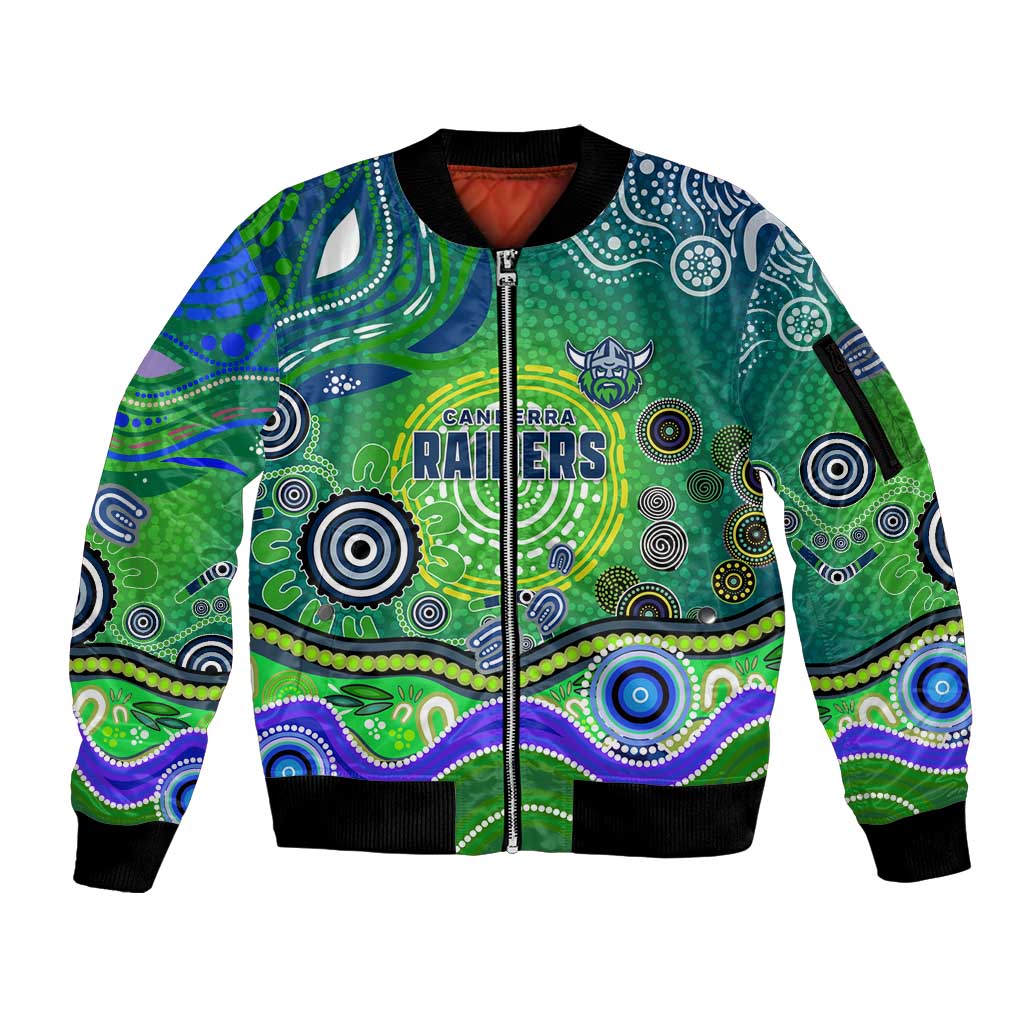 Canberra Raiders Rugby Sleeve Zip Bomber Jacket Australian Aboriginal Dot Painting Style
