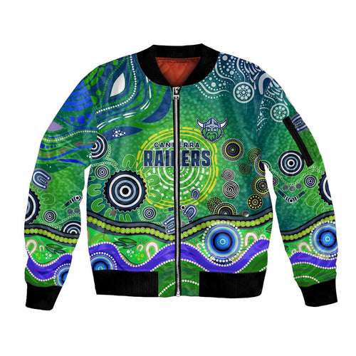Canberra Raiders Rugby Sleeve Zip Bomber Jacket Australian Aboriginal Dot Painting Style