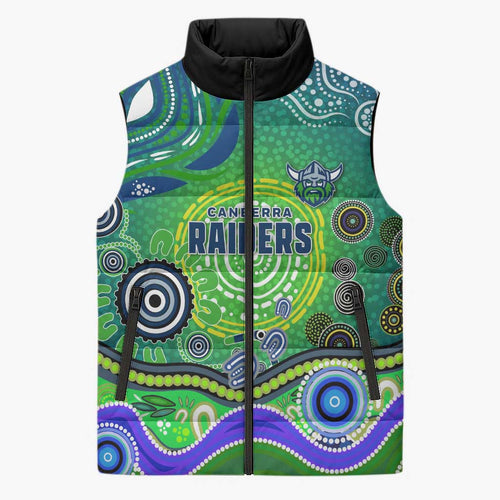 Canberra Raiders Rugby Sleeveless Puffer Jacket Australian Aboriginal Dot Painting Style