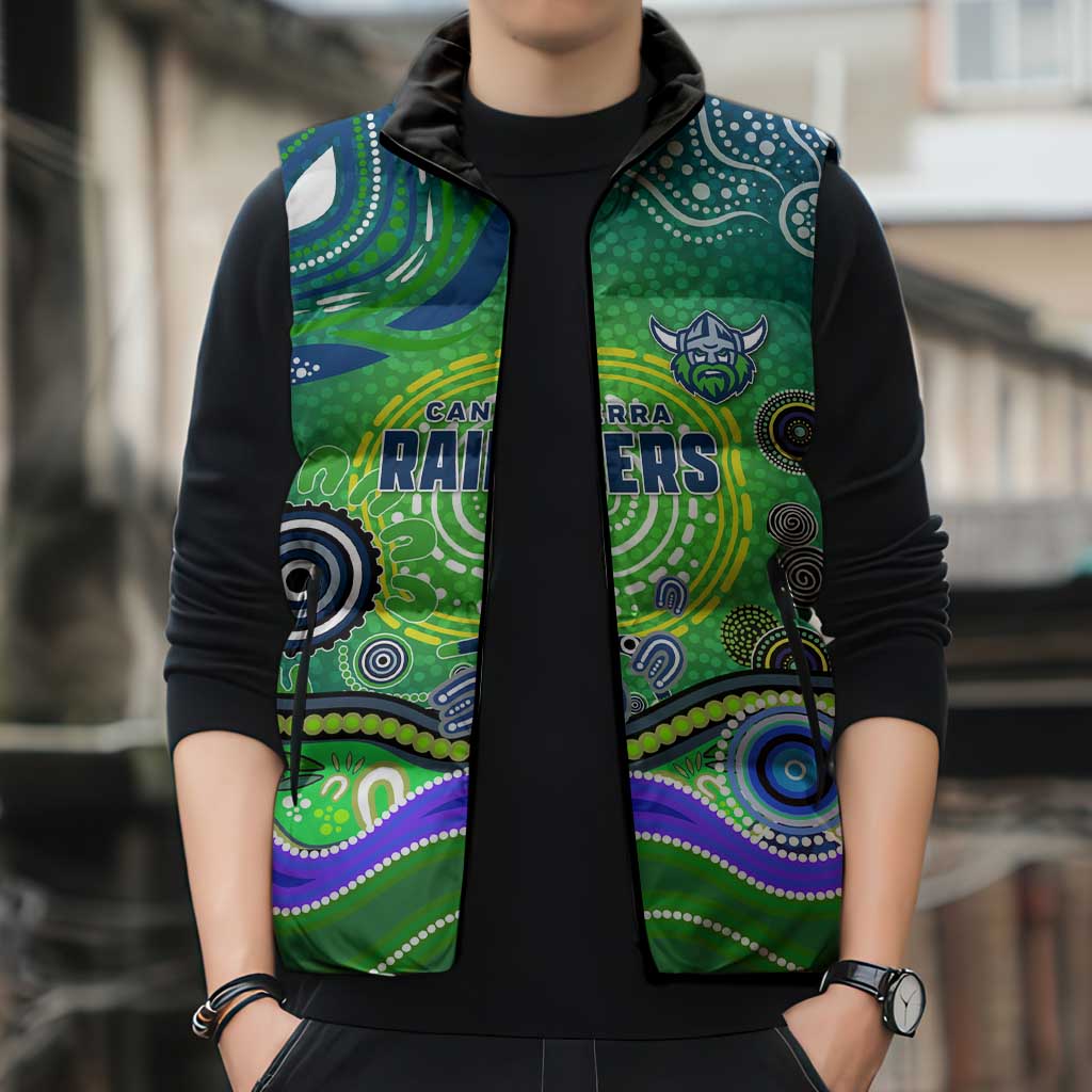 Canberra Raiders Rugby Sleeveless Puffer Jacket Australian Aboriginal Dot Painting Style