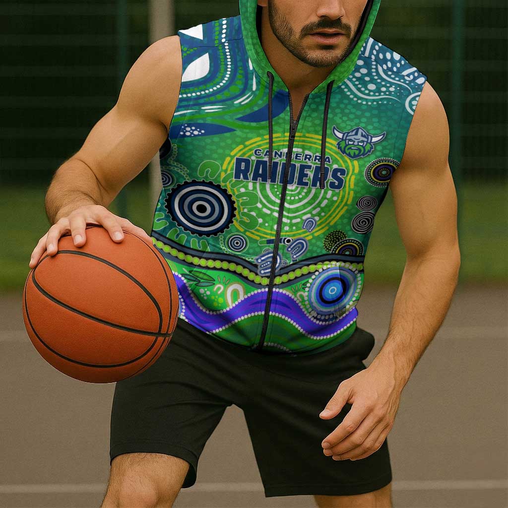 Canberra Raiders Rugby Sleeveless Zip Hoodie Australian Aboriginal Dot Painting Style