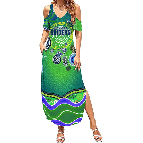 Canberra Raiders Rugby Summer Maxi Dress Australian Aboriginal Dot Painting Style