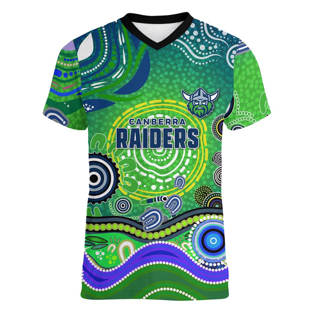 Canberra Raiders Rugby Women V-Neck T-Shirt Australian Aboriginal Dot Painting Style