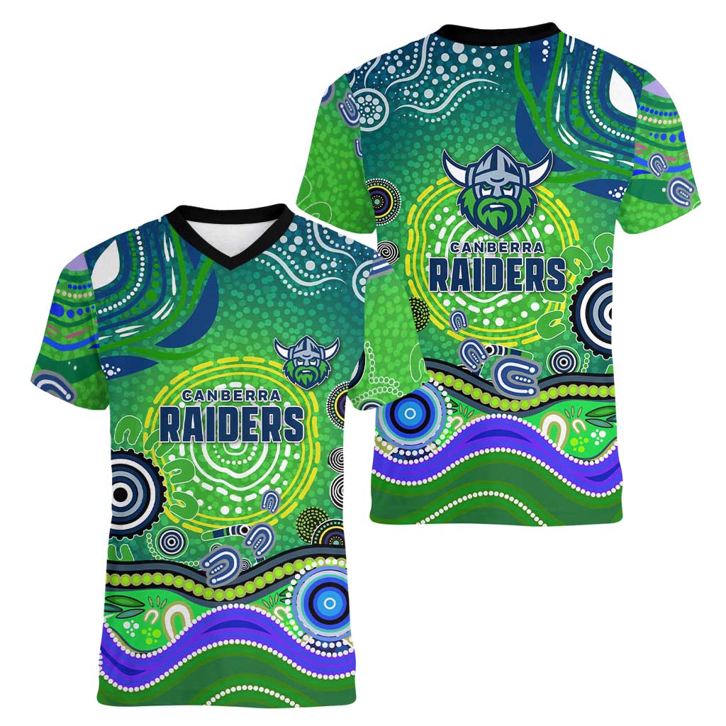 Canberra Raiders Rugby Women V-Neck T-Shirt Australian Aboriginal Dot Painting Style