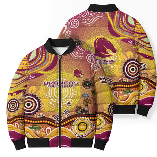 Brisbane Broncos Rugby Bomber Puffer Jacket Australian Aboriginal Dot Painting Style