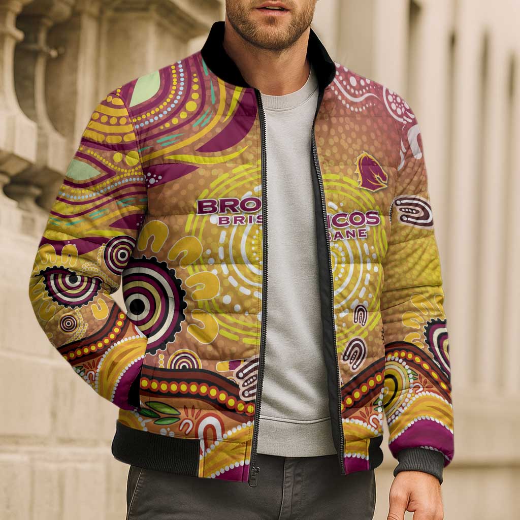 Brisbane Broncos Rugby Bomber Puffer Jacket Australian Aboriginal Dot Painting Style
